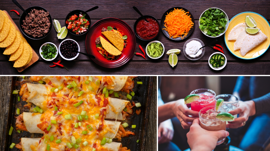 Carnitas tacos with fresh toppings, served alongside margaritas – a festive summer crowd-pleaser